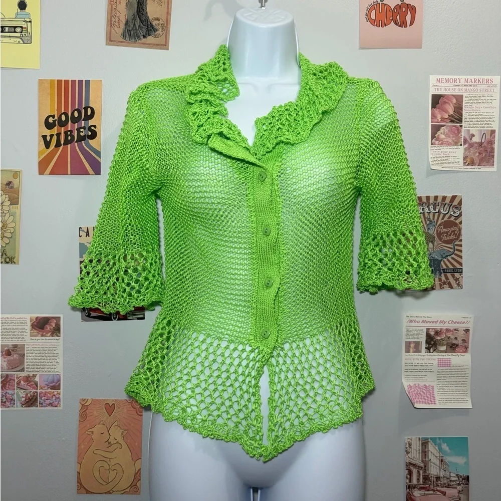 Zara Bright Lime Green Crochet Button-Up Cardigan